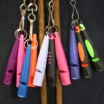 Lanyards of multicored ACME whistles.